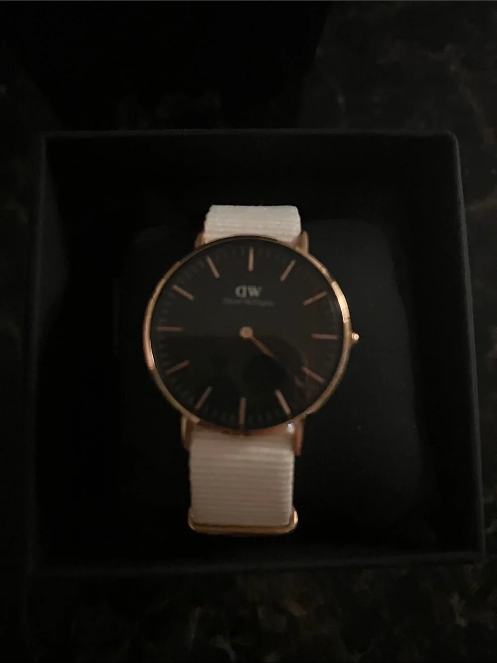 Classic Black Dial Watch with White Nylon Strap